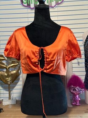 Stella Laguna Beach Orange Satin Ruched Tie-Front Crop Top